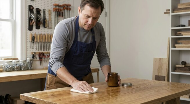 Woodworker applying oil finish to a wooden table with a cloth. Male carpenter in apron working in a bright workshop. Furniture restoration and woodworking craft