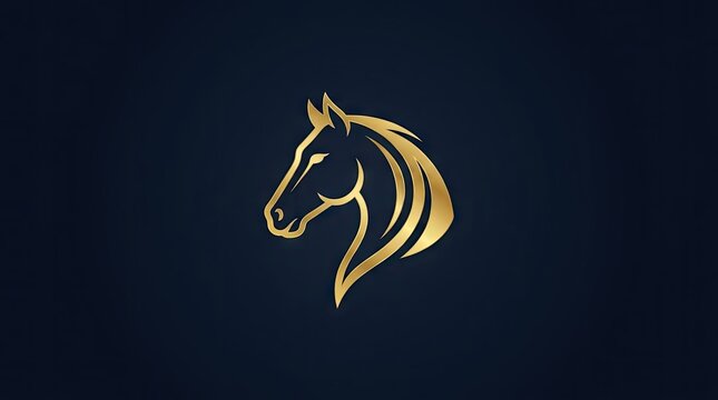 Golden horse head profile logo on dark background.