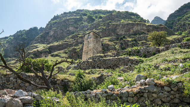 Upper Balkaria. View of the ancient defensive tower.