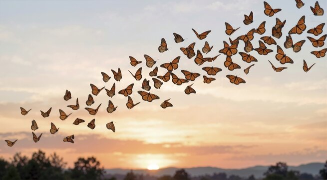 Swarm of Monarch butterflies flying in migration pattern against a sunset sky. Nature wildlife landscape