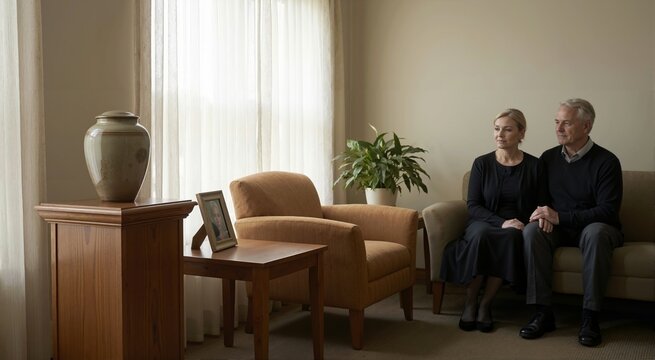 Senior couple mourning in a crematorium waiting room. Grieving parents sitting near a ceramic cremation urn and a framed photo