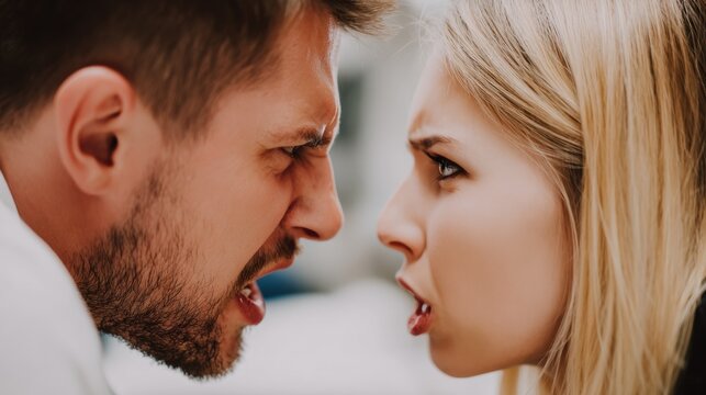 Couple argues with strong emotions in a close conversation during the day