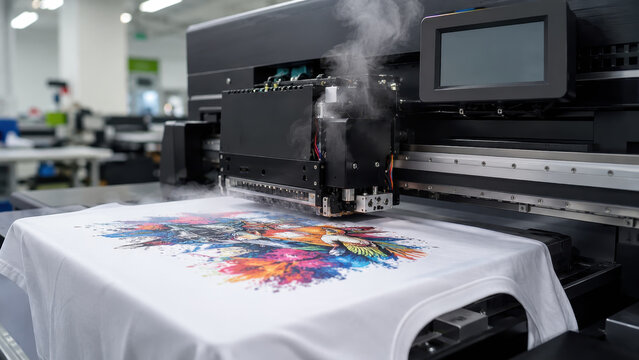 Digital textile printer applying vivid artwork to white cotton t-shirt, direct garment printing process, automated apparel production, ink curing steam, workshop equipment, clothing making