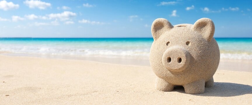 Sandy piggy bank on tropical beach near turquoise ocean, vacation savings planning, travel budget finance, holiday expenses, insurance costs, airline tickets, resort booking, budgeting tips copy space