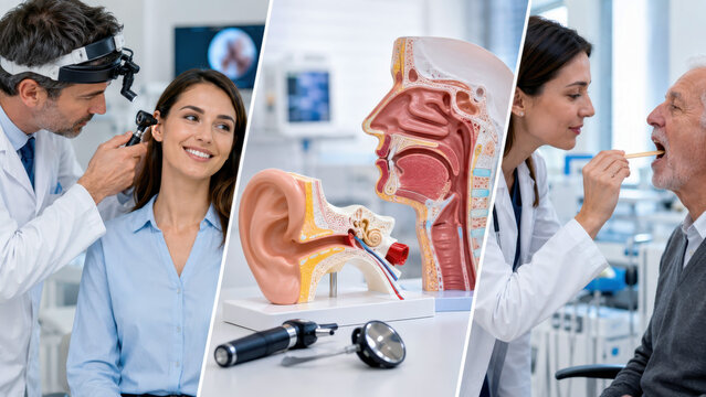 Ent clinic collage with otolaryngologist ear exam, throat check with spatula, anatomical ear nose throat models, otoscope headlamp equipment, hearing assessment, respiratory care consultation