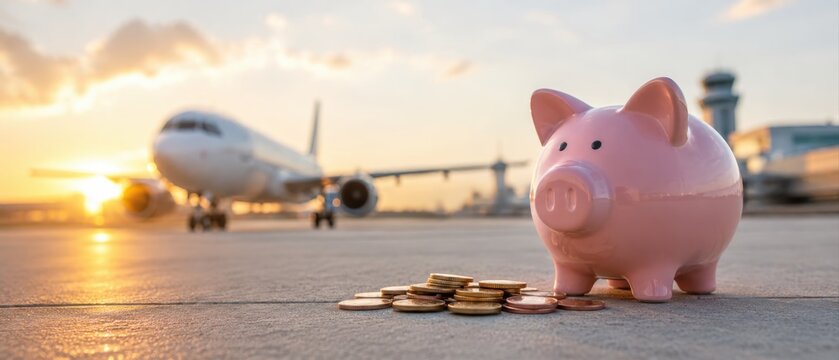 Piggy bank with coins at airport runway, airplane during sunset, rising airfare prices, baggage fees, fuel surcharges, travel budget planning, vacation savings, flight cancellation expenses