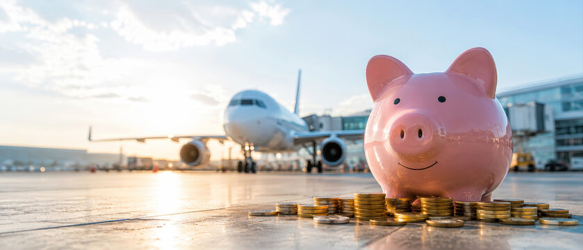 Air travel savings concept with piggy bank at airport, airfare budgeting, airline ticket costs, travel finance, vacation planning, flight expenses, aviation pricing and smart travel budgeting