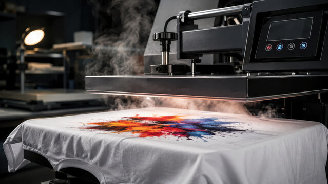 Heat press machine applying colorful transfer onto white cotton t shirt, garment printing with temperature control, pressure adjustment, steam venting, print curing, textile customization