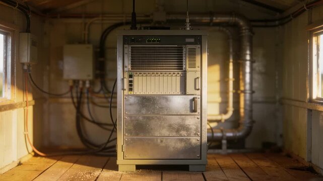 Wireless base station hut interior in rural setting medium shot highlighting central equipment cabinet softfocused cooling pipes and wiring in background.