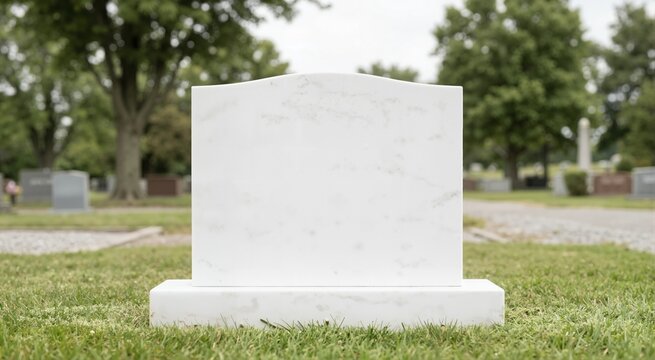 Front view of a blank white marble gravestone mockup. Empty cemetery headstone template with copy space for text