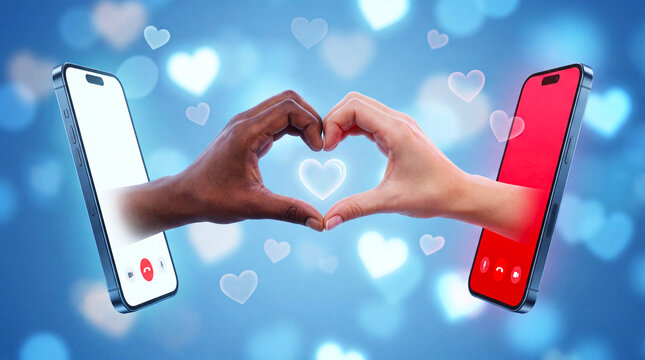 Two people connecting through mobile phone screens creating a heart shape symbol with hands long distance smartphone affection