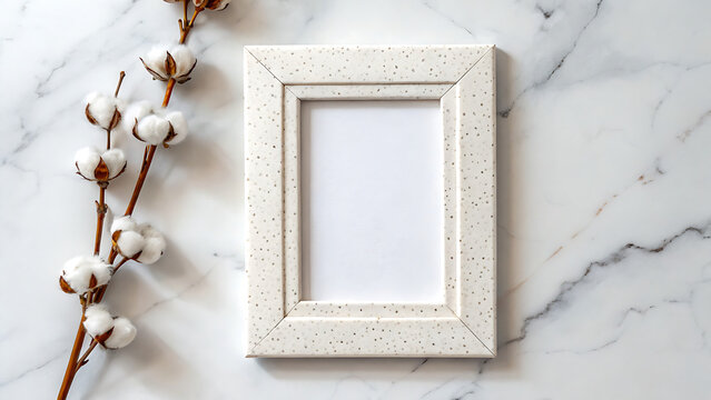 Empty white picture frame on marble surface with dried flowers. Minimalist home decor setup for elegant interior styling.