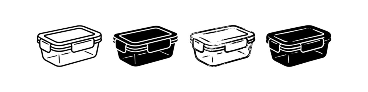Collection of food storage container icons in outline and silhouette styles. Ideal for kitchen organization, meal prep, and food preservation concepts.