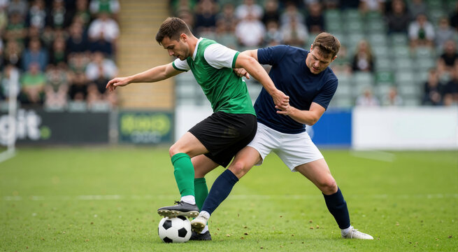 Soccer player shielding ball from opponent on grass pitch. Two male athletes competing for possession during football match