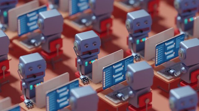 Seamless loop of an array of futuristic artificial intelligence operators. Endless grid of cybernetic androids working at computer terminals in a massive automated data processing hub