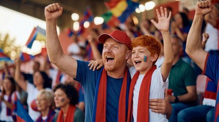 Fototapeta premium Father and son are fans at the stadium with flags. An adult man and a boy are standing among a crowd of fans, dressed in team colors, raising their hands, and surrounded by spectators with flags.