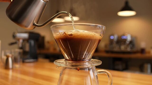 Pouring hot water over coffee grounds in a pour-over brewer