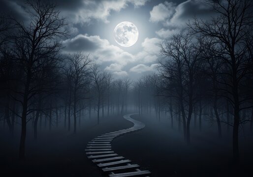 Spooky wooden path through dark misty forest at night