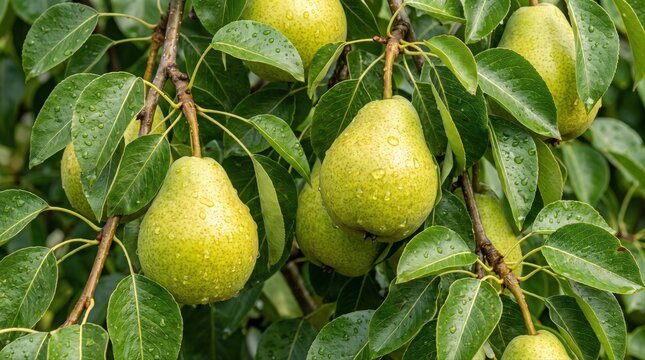 Close-up of ripe green pears hanging from a tree branch, featuring textured skin with water droplets, surrounded by lush, wet foliage in a natural orchard setting, captured in daylight