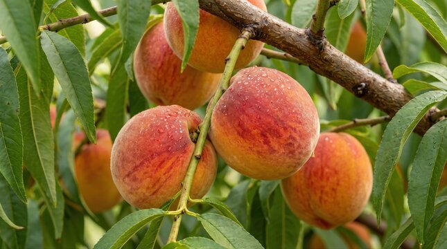 Close-up of ripe, fuzzy peaches with water droplets hanging from a tree branch, surrounded by green lanceolate leaves in an orchard setting