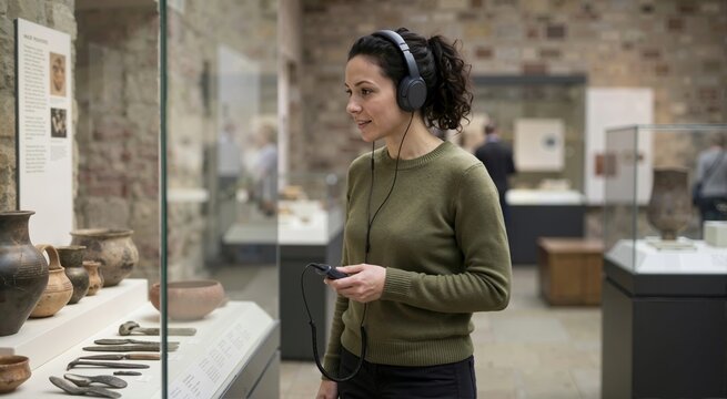 Woman wearing headphones and using an audio guide while looking at artifacts in a museum display case. Female visitor exploring a historical exhibition
