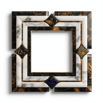 Luxury Modern Precious Stone Square Frame with Marble, Black Onyx, Malachite and Lapis Accents | Premium Geometric Photo Frame Isolated on White