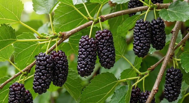 Close-up of ripe dark purple mulberries hanging from a tree branch with vibrant green serrated leaves, showing the textured drupelets of the fruit in a natural outdoor garden setting