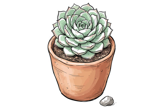 Beautiful succulent plant in a terracotta pot with a small stone, hand drawn botanical illustration
