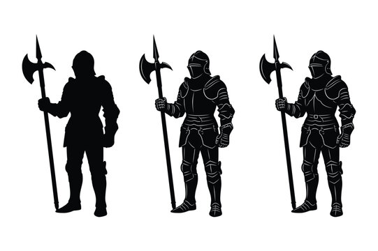 Medieval knights in armor with polearm weapons vector silhouette medieval character