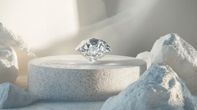 Sparkling diamond on white stone pedestal, surrounded by rocks, illuminated by soft light.