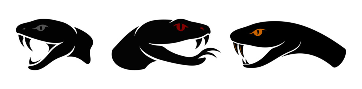 Three stylized snake head designs in black with varying eye colors, side view fangs visible.