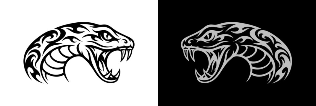 Two stylized tribal viper snake head designs, one on white and one on black background.