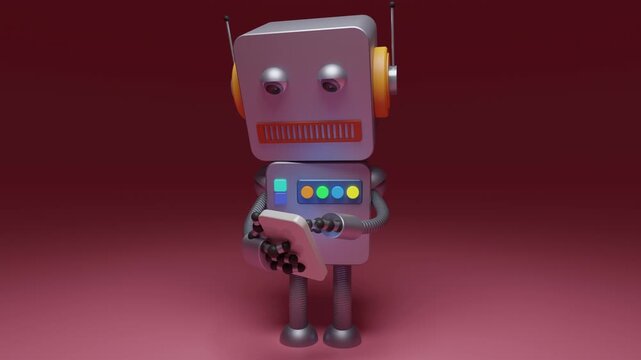 Compact artificial intelligence android interacting with a mobile digital device. Cybernetic robot examining telemetric data, wireless connectivity, and autonomous mobile interface.