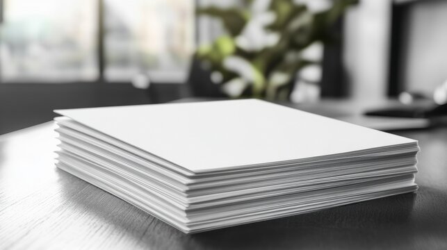Stack of blank white paper sheets on a wooden desk in an office.