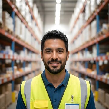 Retrato de un trabajador de almac&eacute;n latino sonriente con chaleco de alta visibilidad en un centro log&iacute;stico