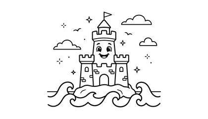 Castle Icon with Waves and Sky Details, Line Art Style, Fantasy Landscape Emblem for Travel and Storytelling Concepts © MstMorgena