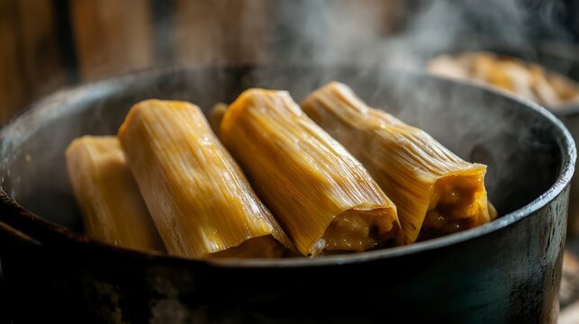 Steaming tamales in a rustic pot, close-up.