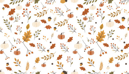Autumn harvest seasonal seamless pattern background with pumpkin, acorn and falling leaves, vector illustration © md