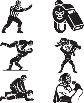 Mexican lucha libre wrestling icons and symbols vector set