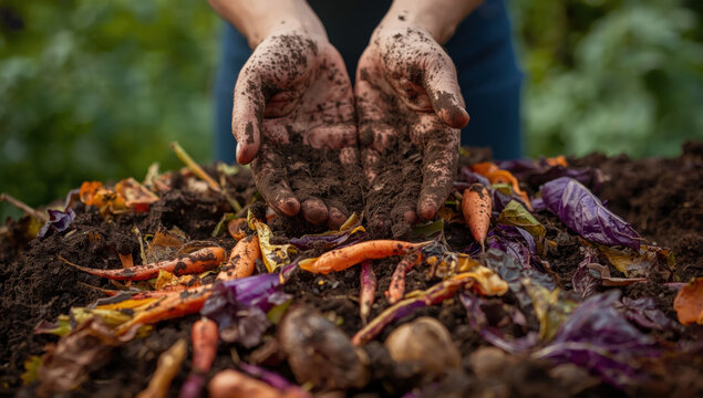 Hands covered in dark soil holding organic compost with vegetable scraps and nutrients for sustainable gardening