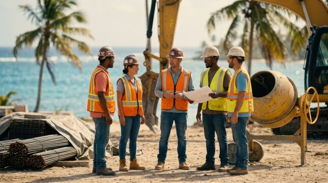 Mixed construction crew on a tropical island worksite with excavator, cement mixer, steel rebar, hard hats, and reflective vests near the coast.