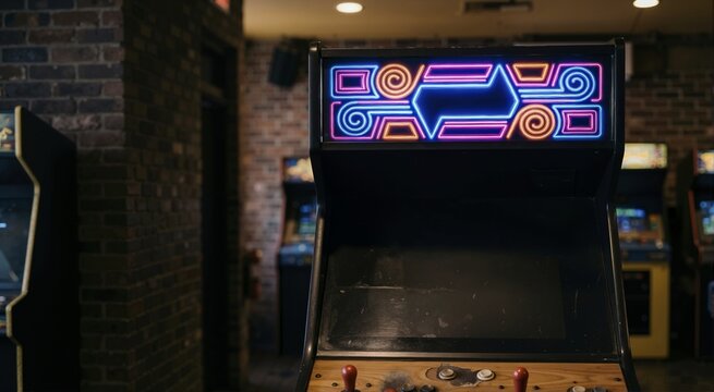 Vintage arcade cabinet with glowing neon marquee lighting. Retro video game machine with red joysticks and blank screen in a dimly lit brick wall venue