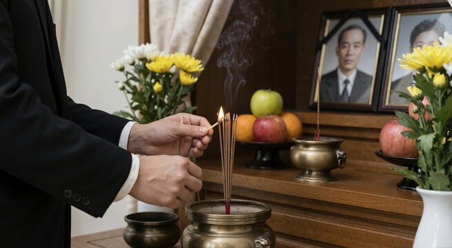 Close up of hands lighting incense sticks at traditional memorial altar. Person in black suit paying respect with offerings and flowers. Funeral service ritual