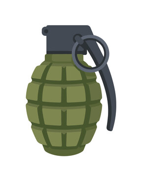 Military hand grenade explosive weapon with safety pin and ring vector design.