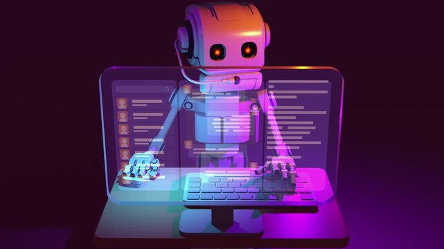 Futuristic artificial intelligence assistant operating a transparent display workstation. Cybernetic robot interacting with automated HUD interface, data analytics and cloud telemetry systems.