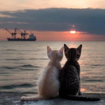 Dos gatitos sentados juntos contemplando la puesta de sol sobre el mar con un barco al fondo