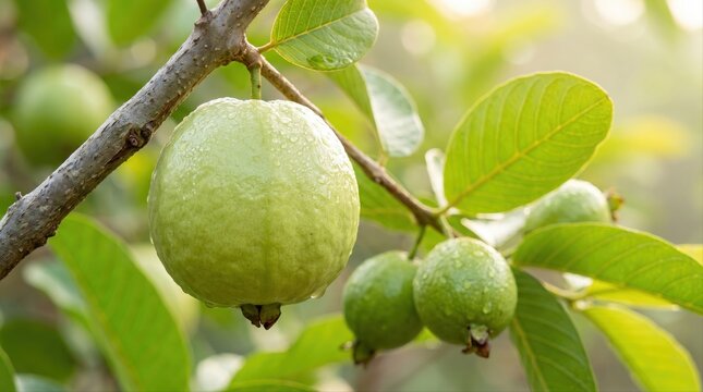 Close-up of fresh green guava fruits hanging on a tree branch, featuring textured skin with water droplets and vibrant green leaves in a sunlit orchard setting