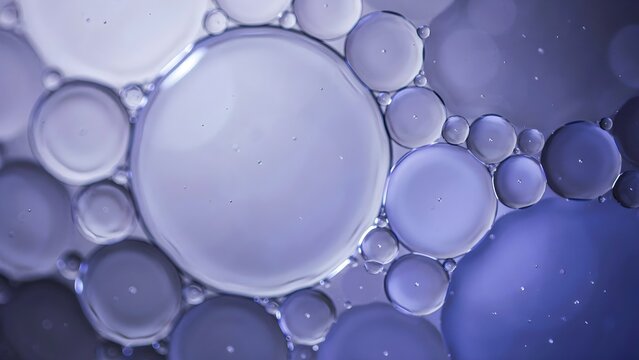 Fondo abstracto de burbujas de aceite en agua con tonos azules y violetas en macro