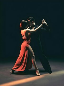 Pareja apasionada bailando tango argentino con vestido rojo e iluminaci&oacute;n dram&aacute;tica en estudio sobre fondo oscuro