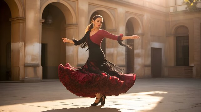 Bailarina de flamenco ejecutando un giro tradicional en un patio espa&ntilde;ol